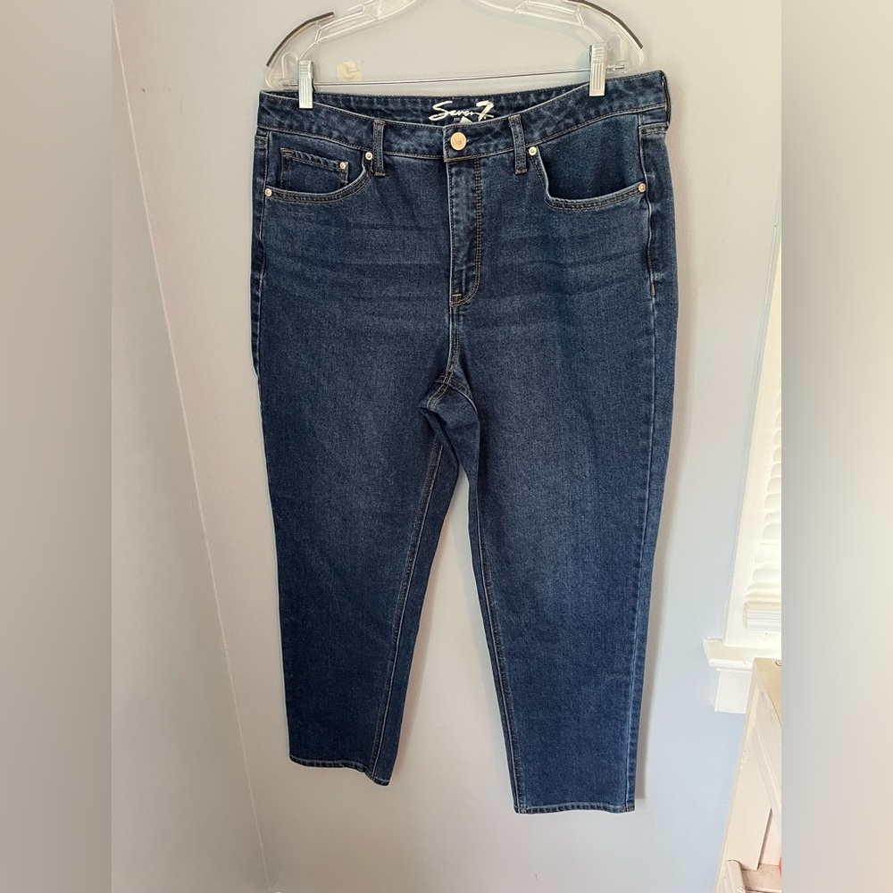 Seven7 Dark Blue slim Straight Leg Women's Jeans high rise